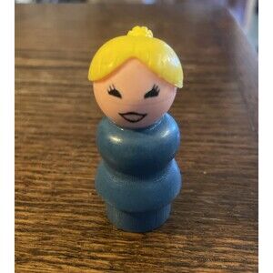Fisher Price Vintage Little People Woman Mom Blue Outfit Blonde Pony Tail Wood